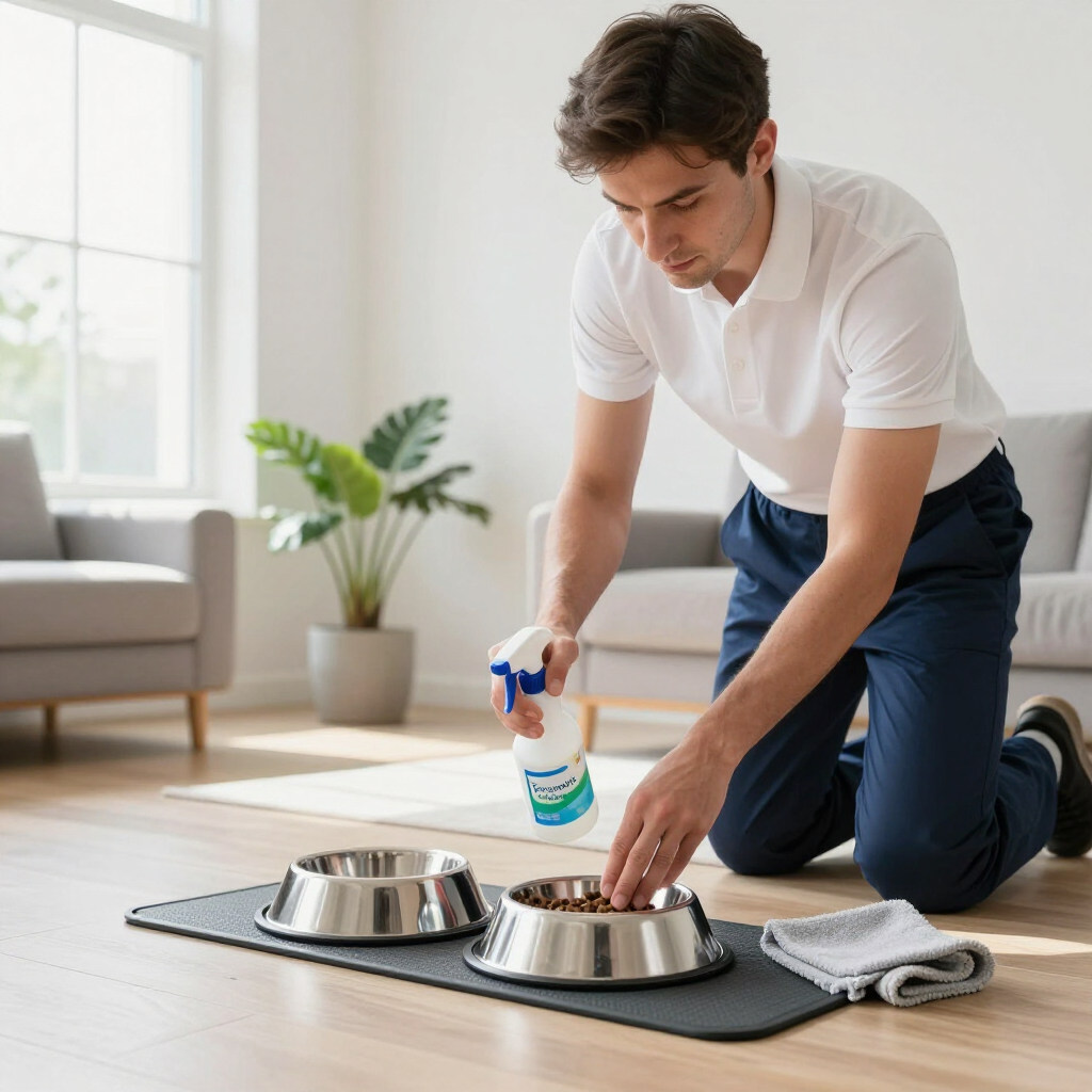 Person kneeling on floor cleaning pet bowls with spray cleaner and cloth in a bright living room