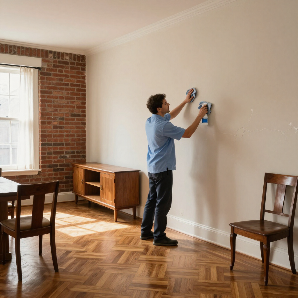 Person hanging artwork on a beige wall in a sunlit room with brick accents and wooden floor