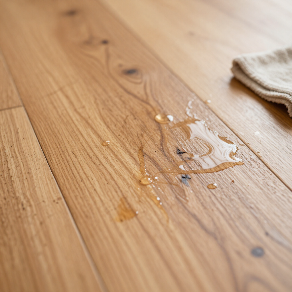 Water spilled on a light wooden floor beside a beige cloth.