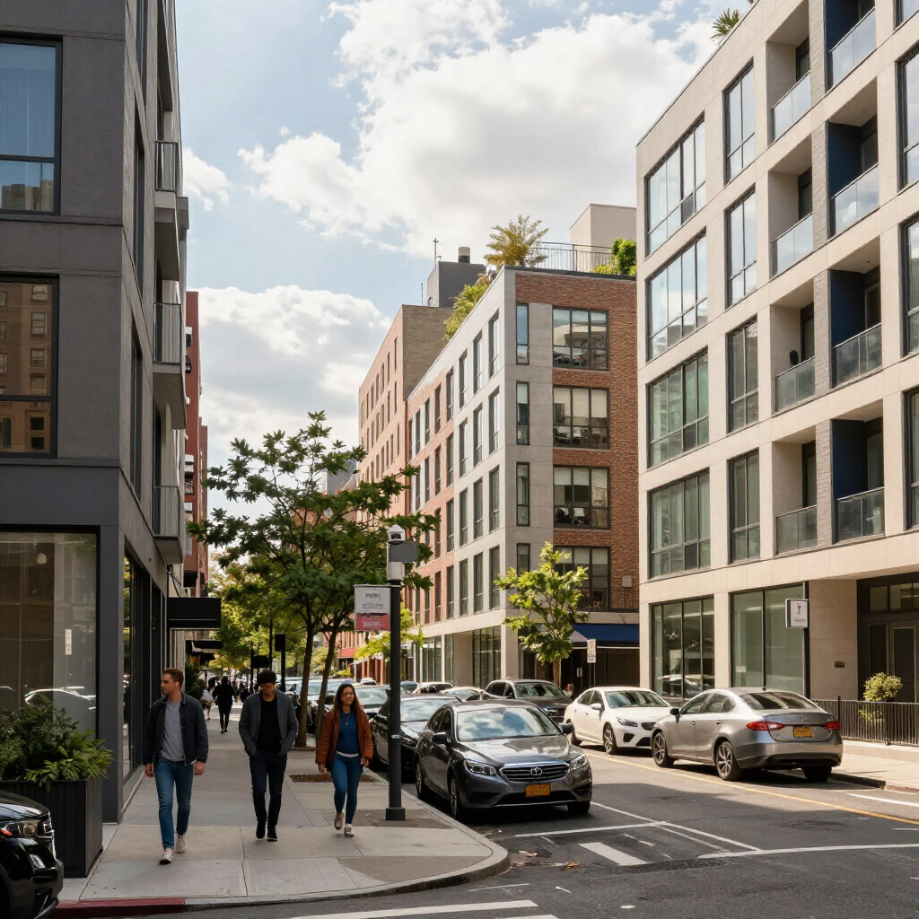 Modern city street with pedestrians, parked cars, and tall apartment buildings under a cloudy sky