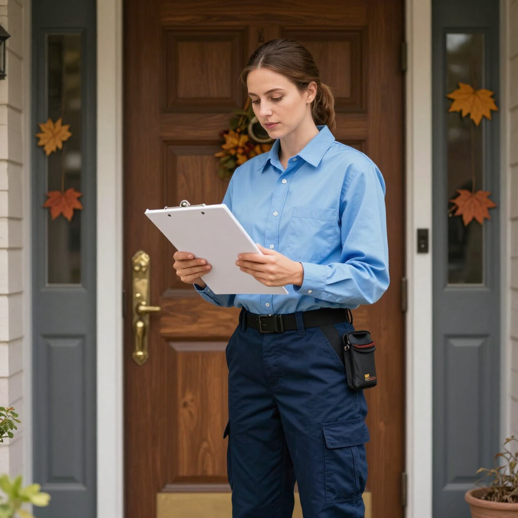Person in blue shirt checking a clipboard outside a front door decorated with autumn leaves