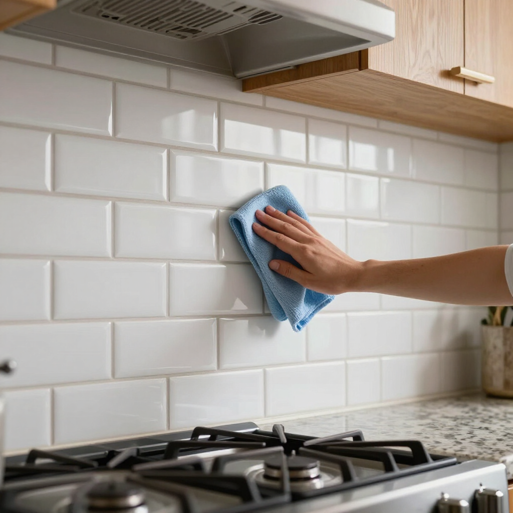 Hand wiping white kitchen tile backsplash with blue cloth near stovetop and range hood