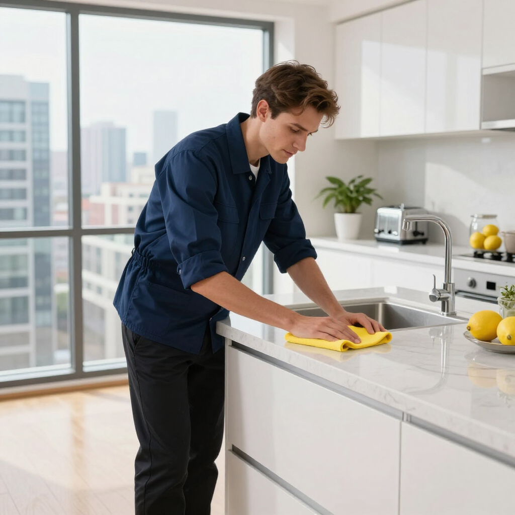 Person wiping a white kitchen counter with a yellow cloth in a bright modern kitchen