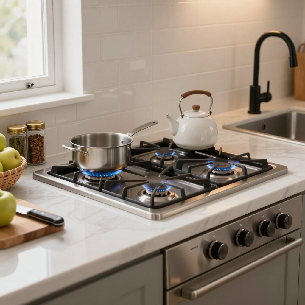 Modern kitchen with gas stove, stainless pot and white kettle on burners, and a sink beside it