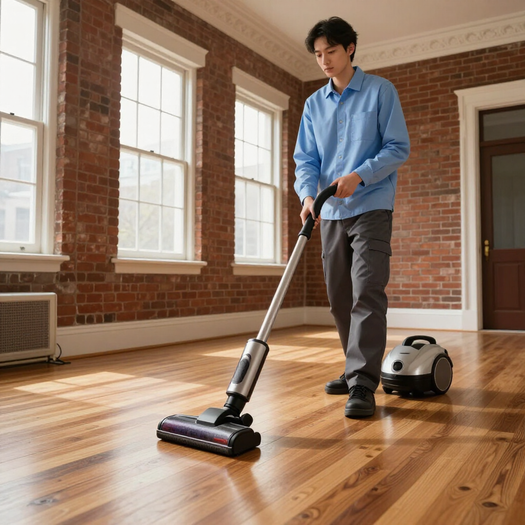 Person vacuuming a sunlit hardwood floor in a brick-walled room