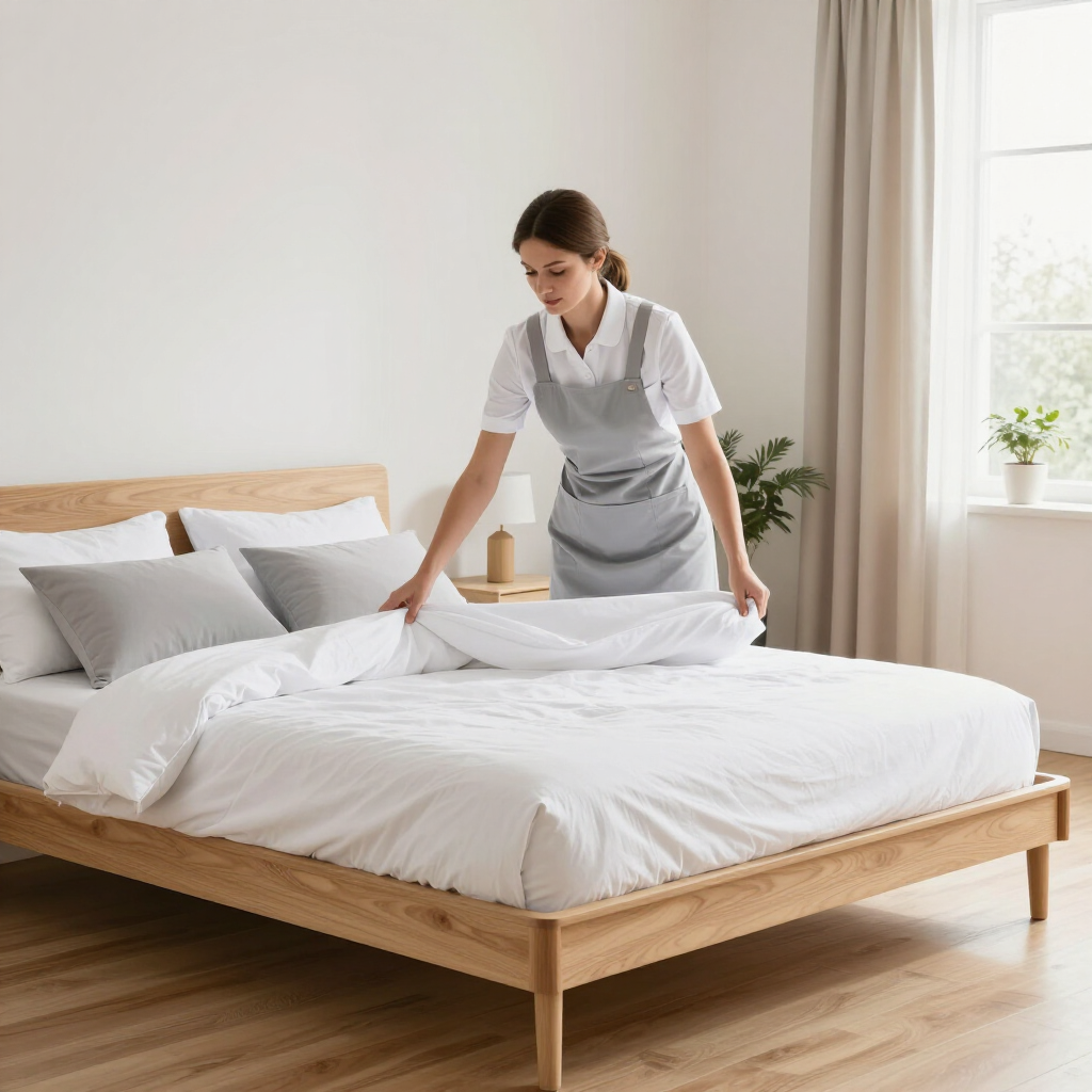 Woman making a white bed in a bright, minimalist bedroom with a wooden frame and beige curtains