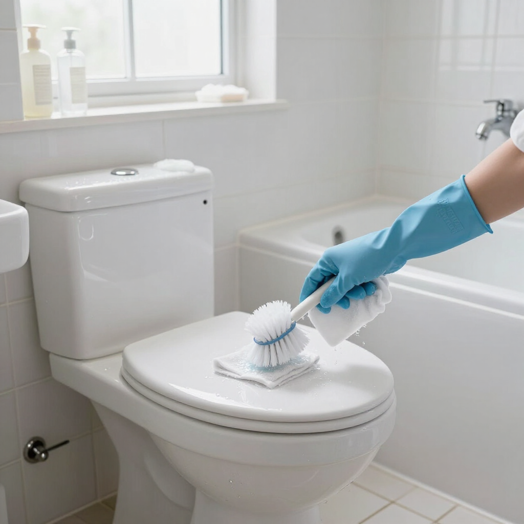 Gloved hand scrubbing a toilet seat with a cleaning brush in a bright bathroom.