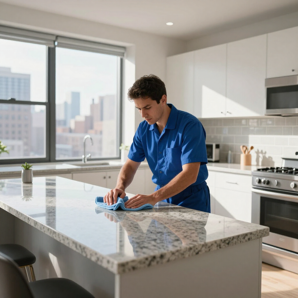 Person cleaning a kitchen island with a cloth in a bright modern kitchen