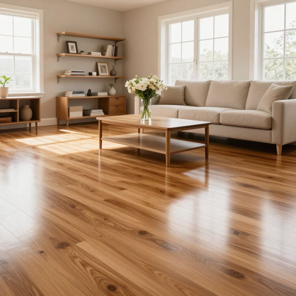 Bright living room with hardwood floors, beige sofa, coffee table, shelves, and sunlight from large windows.