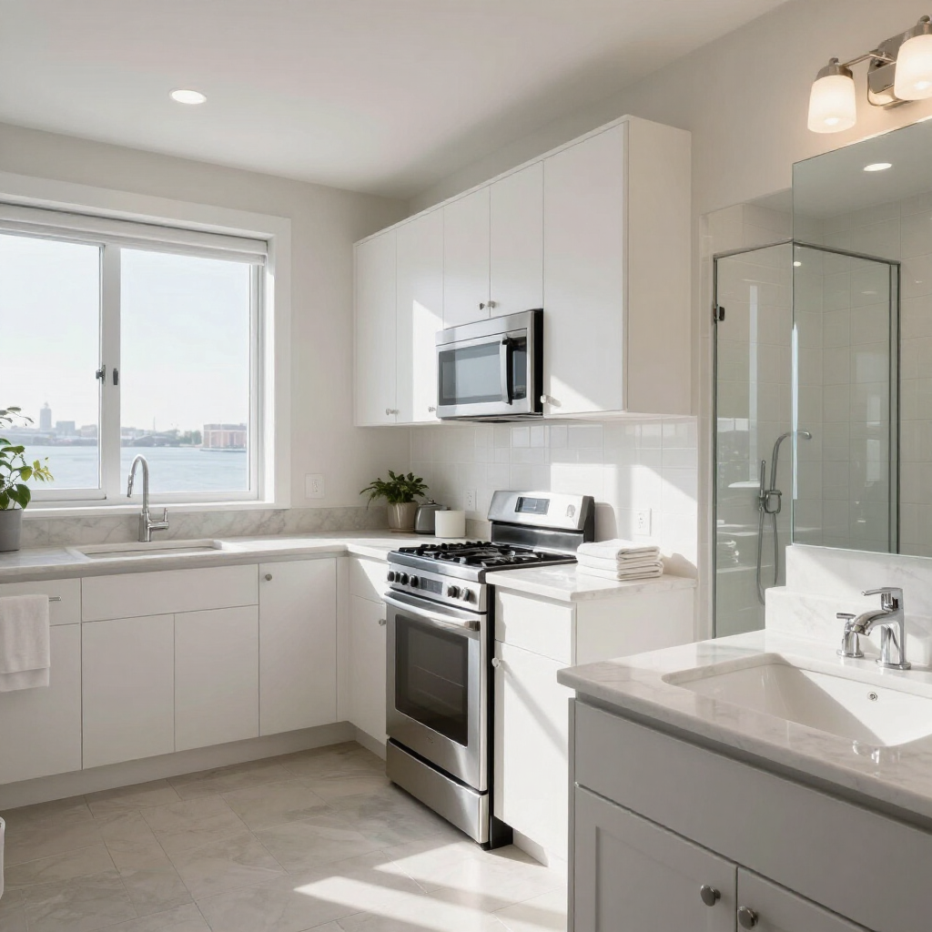 Bright modern white kitchen with stove, sink, microwave, and glass shower visible in the background