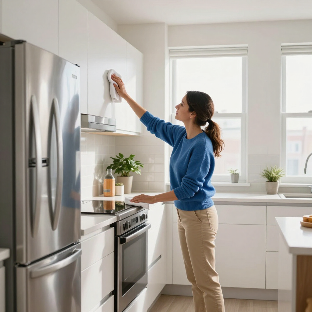 Person wiping a white kitchen cabinet beside a stainless steel fridge in a bright modern kitchen