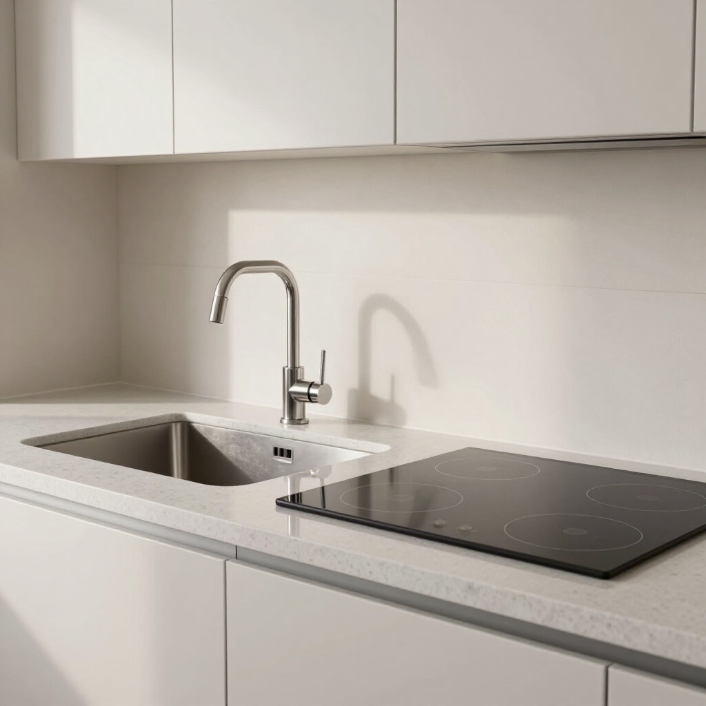 Modern white kitchen with sink, chrome faucet, and black induction cooktop