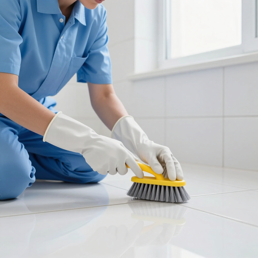 Person in blue uniform scrubbing white tile floor with a brush and gloves