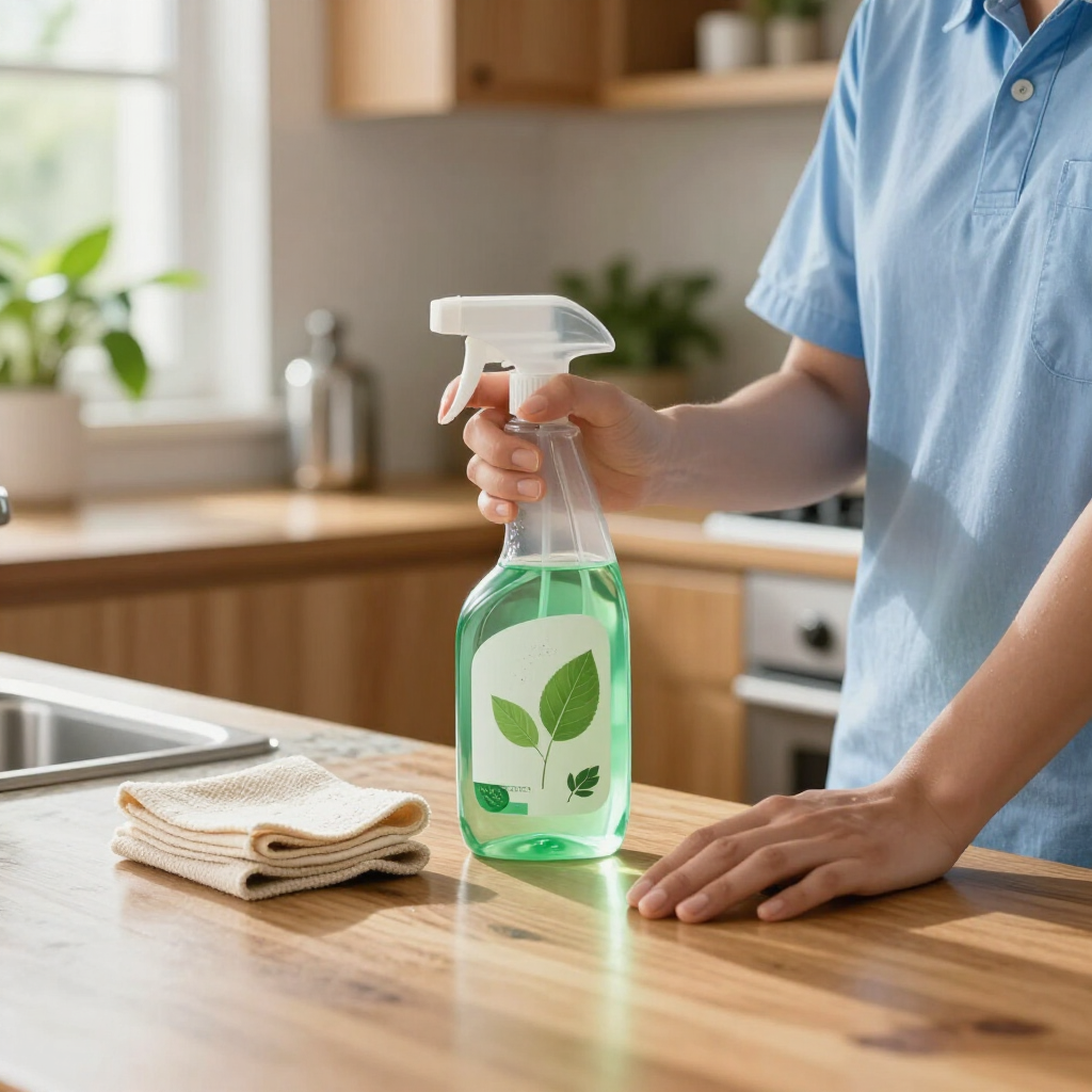 Person spraying green cleaner on a wooden kitchen counter beside a folded cloth