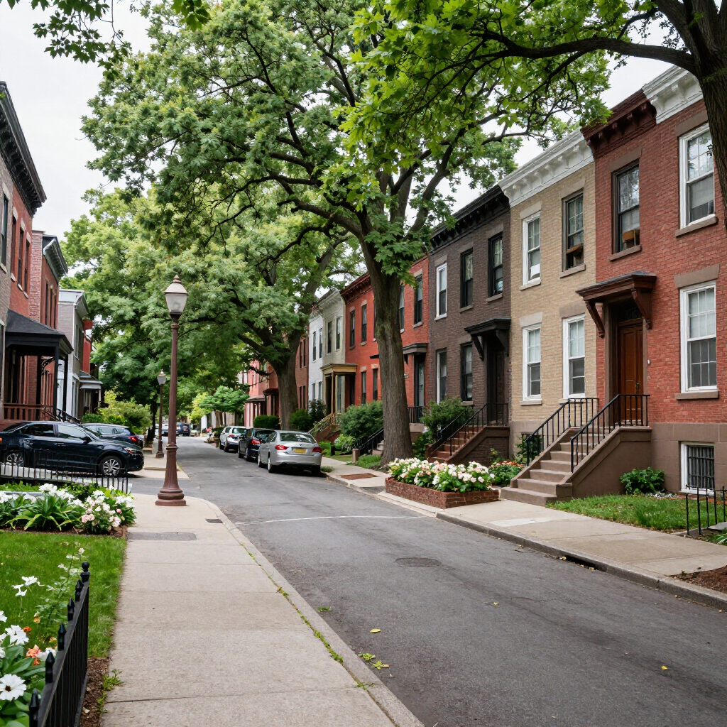 Tree-lined residential street with brick row houses, parked cars, and flower beds