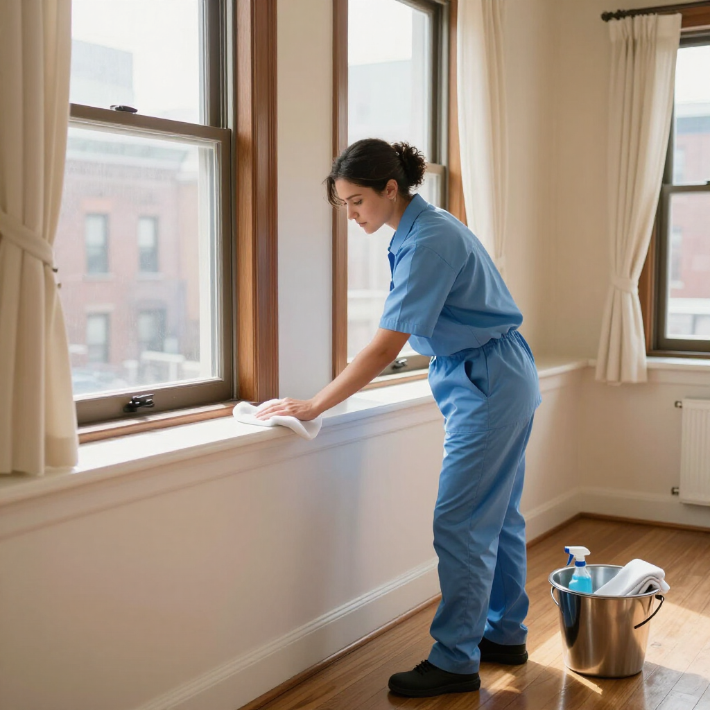 Person in blue scrubs wiping a windowsill in a bright room beside a metal cleaning bucket