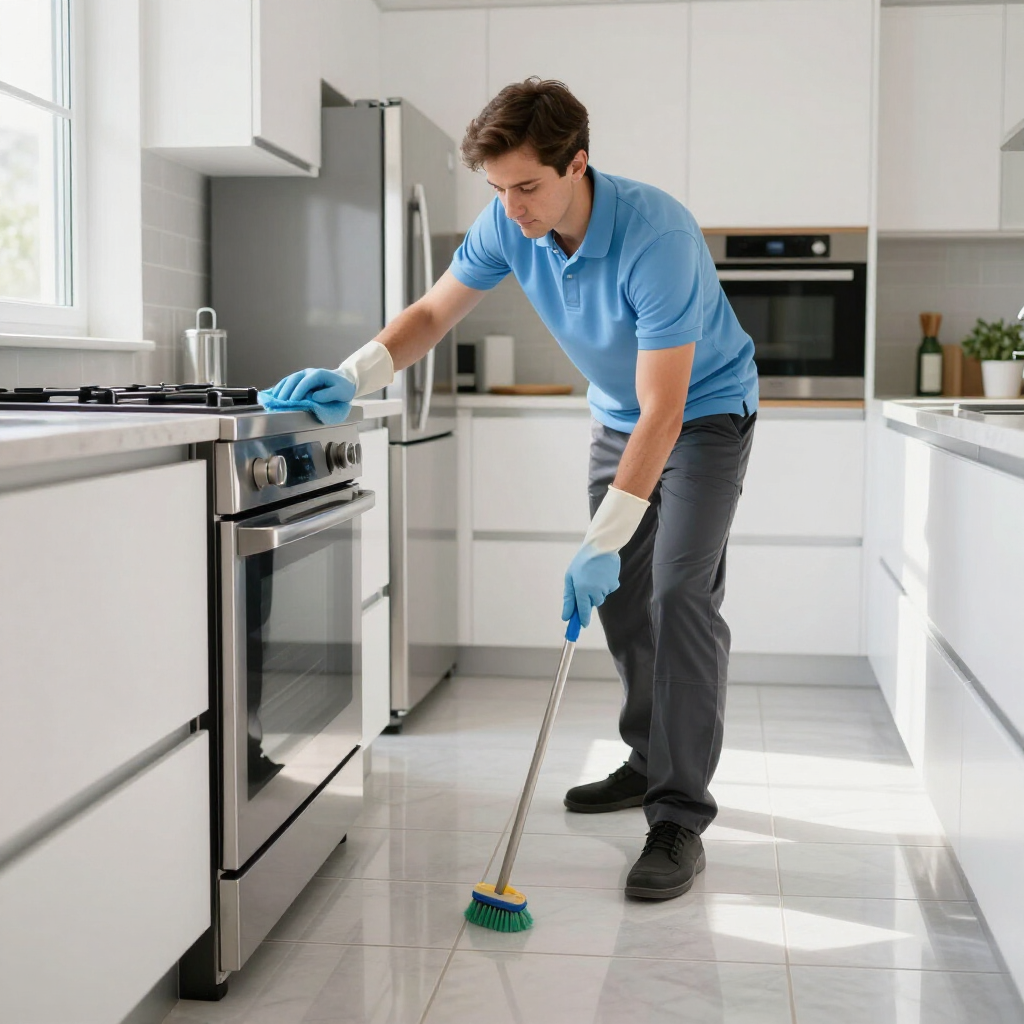 Man in blue shirt cleaning a modern kitchen floor and oven with mop and cloth