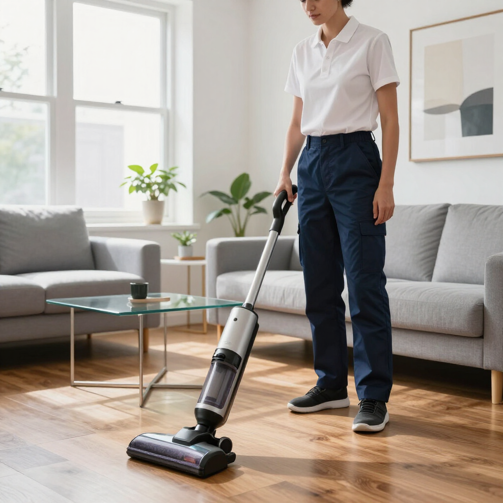 Person vacuuming a hardwood floor in a bright living room with gray sofas and a glass coffee table