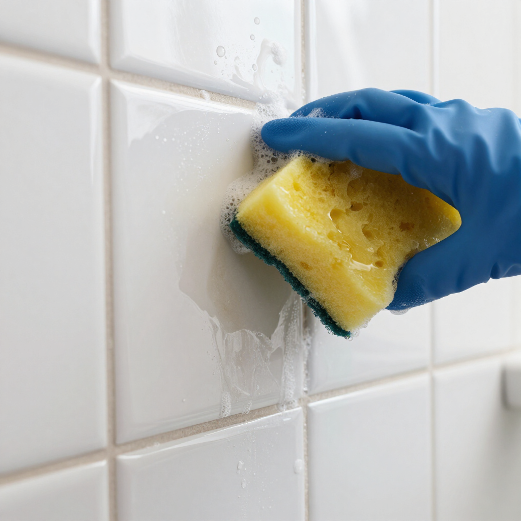 Blue-gloved hand scrubbing a white tiled wall with a yellow sponge and soap suds