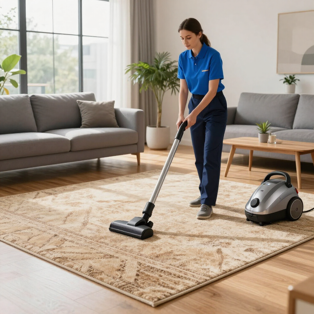 Person vacuuming a beige rug in a bright living room, with a gray sofa and canister vacuum nearby