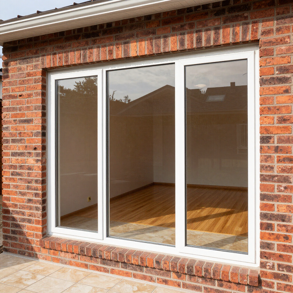 Brick exterior wall with a white-framed sliding glass door into an empty room