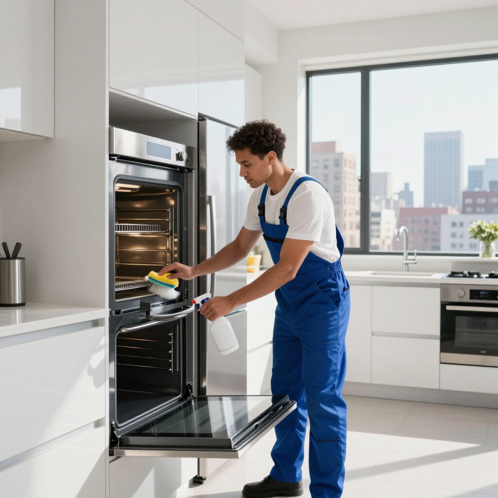 Technician cleaning an open stainless steel oven in a bright modern kitchen