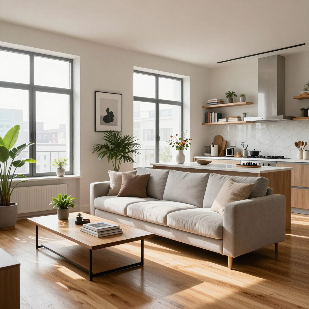 Bright modern living room with beige sofa, wooden coffee table, large windows, and open kitchen area