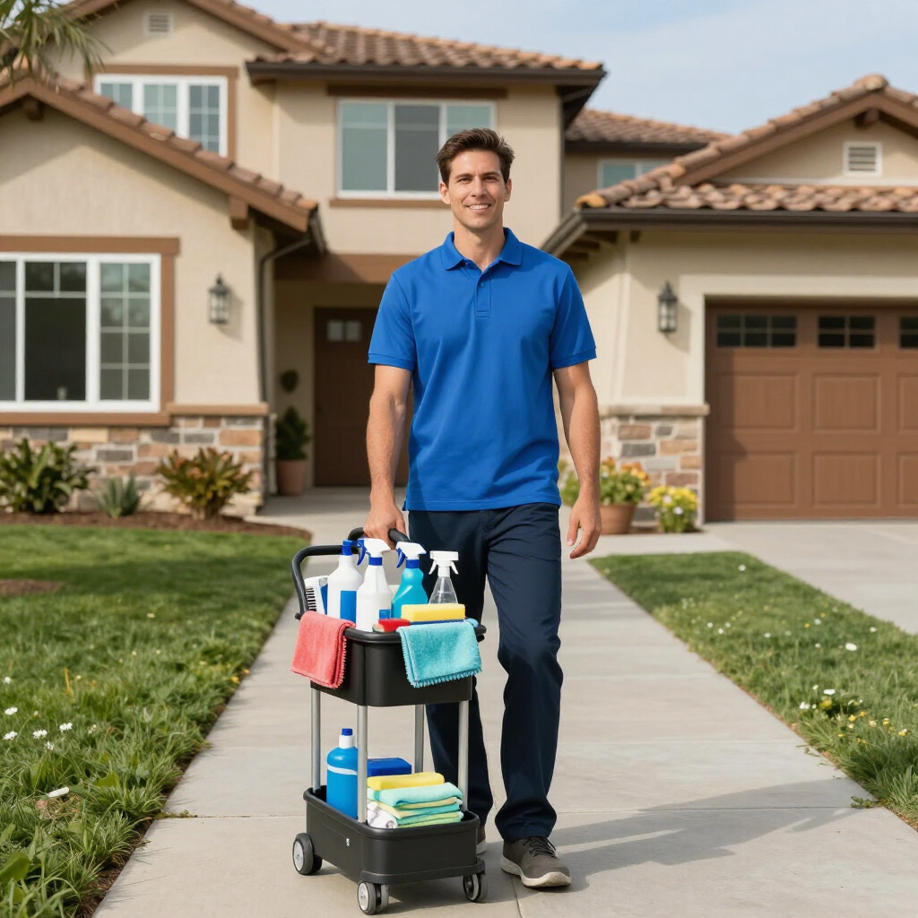 Man with cleaning supplies on a cart standing on a sidewalk in front of a suburban house