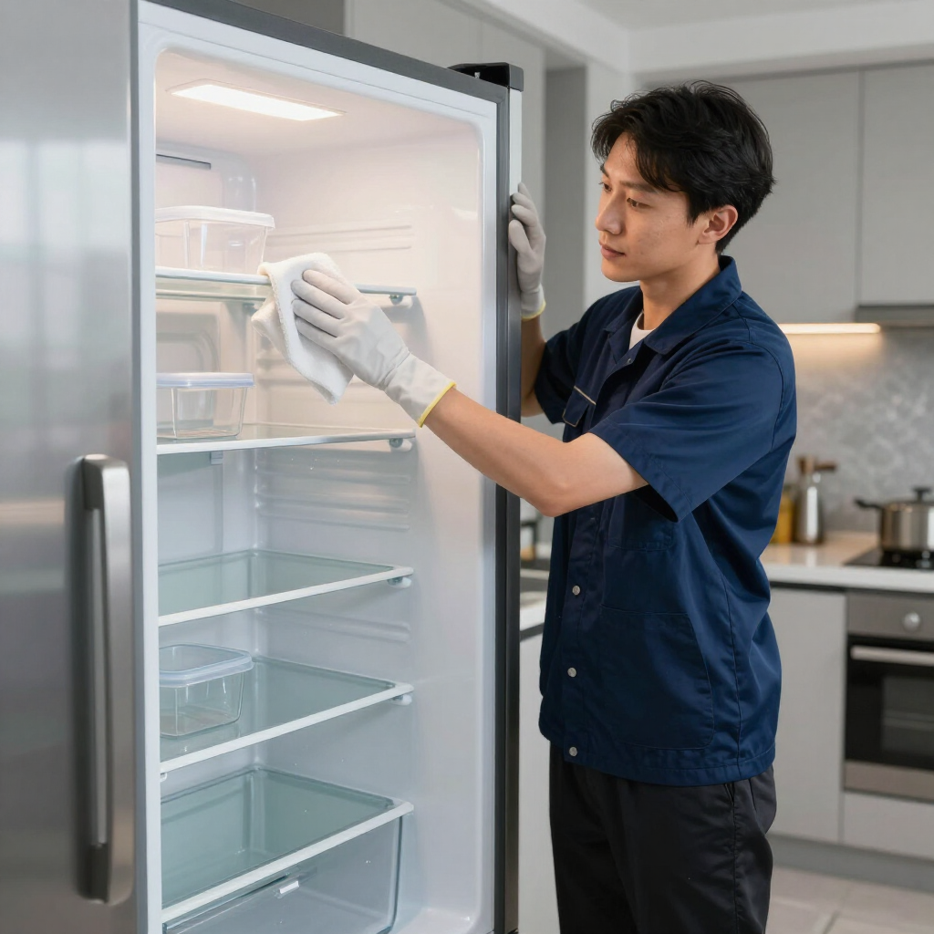 Person loading shelves in an open refrigerator in a modern kitchen.