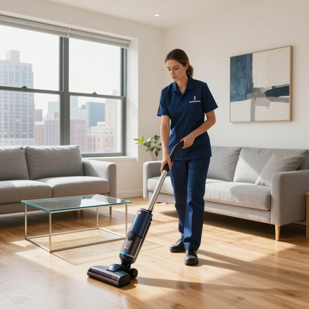 Person vacuuming a bright living room with large windows and gray sofas.