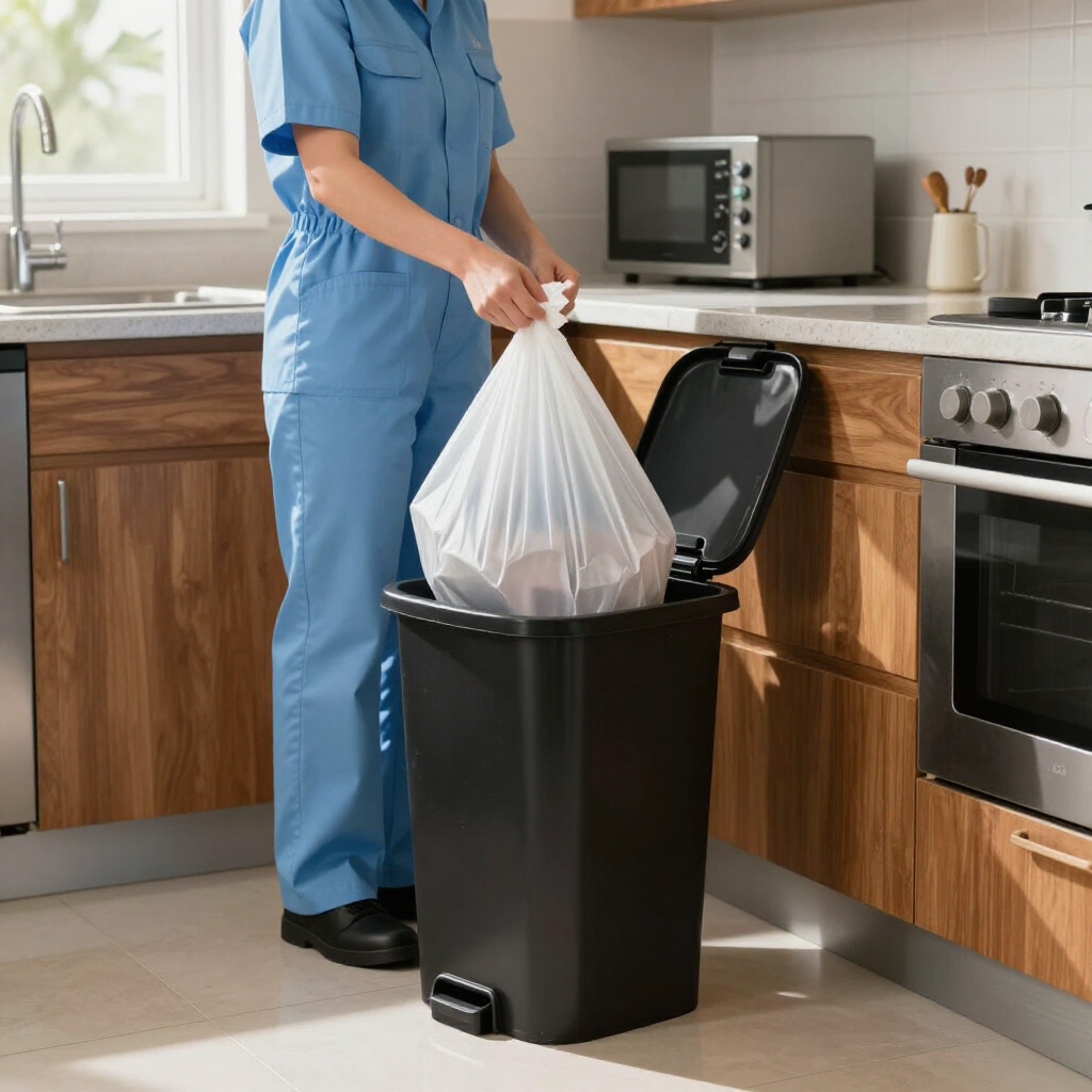 Person in blue uniform ties a trash bag in a black kitchen trash can beside a stove and sink.