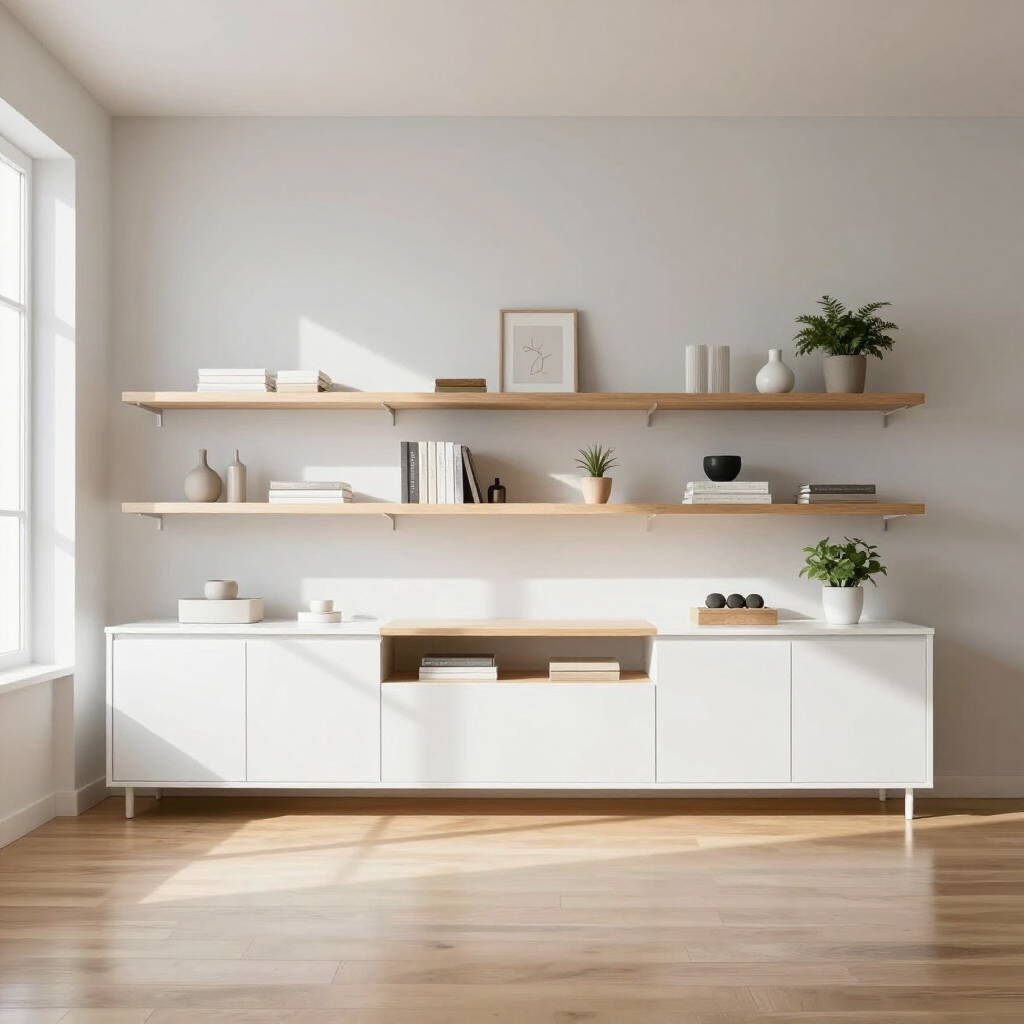 Minimal white shelving and cabinets in a sunlit room with books, decor, and a potted plant