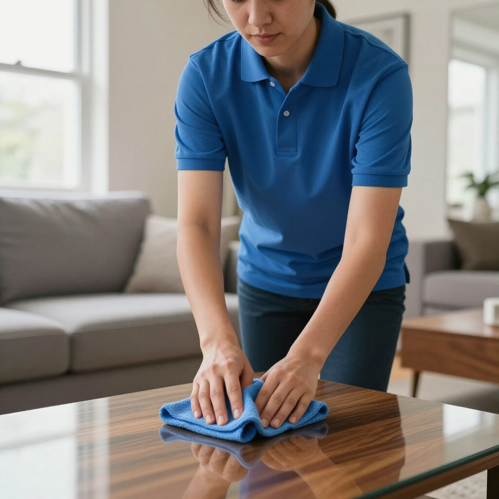 Person wiping a glass coffee table with a blue cloth in a living room