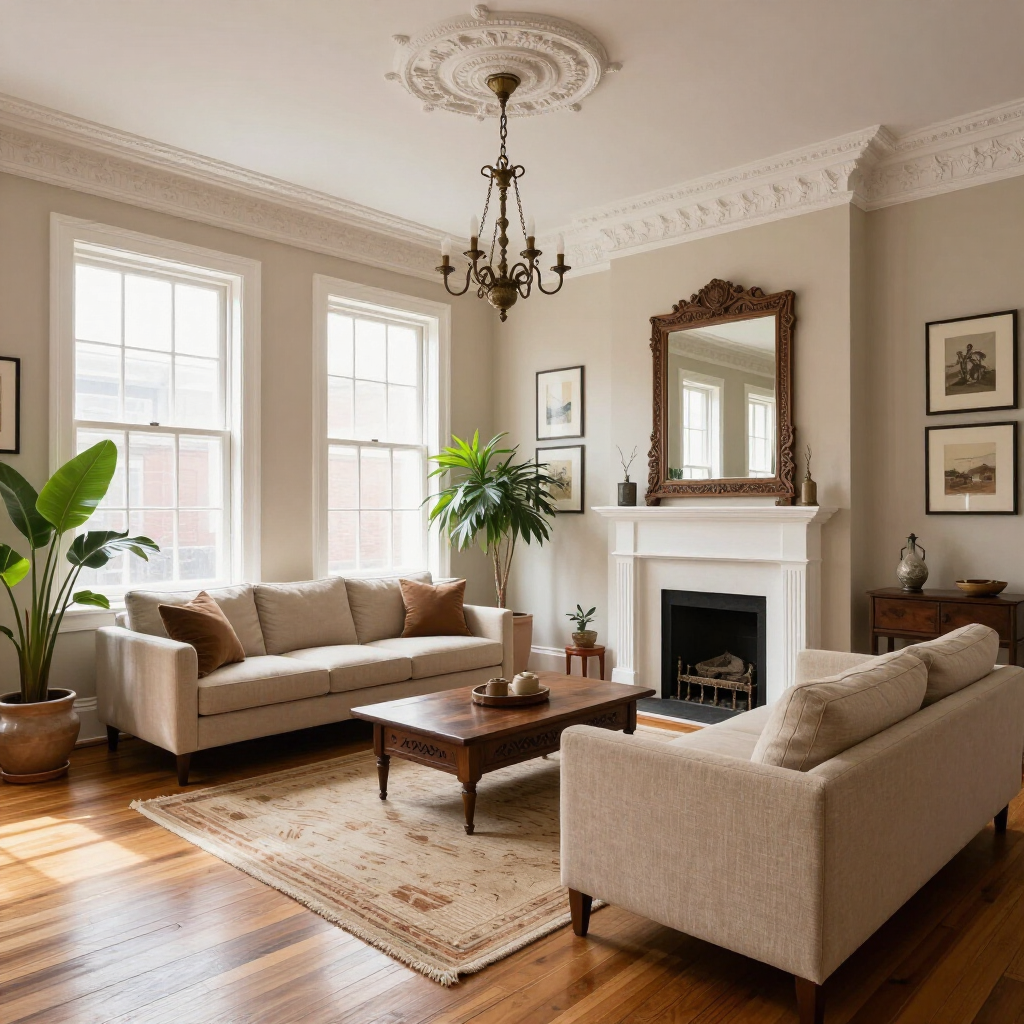 Elegant living room with beige sofas, fireplace, chandelier, and large windows in warm natural light