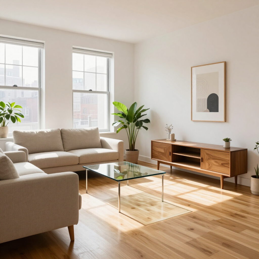 Bright living room with beige sofas, glass coffee table, wooden console, plants, and sunlight through large windows