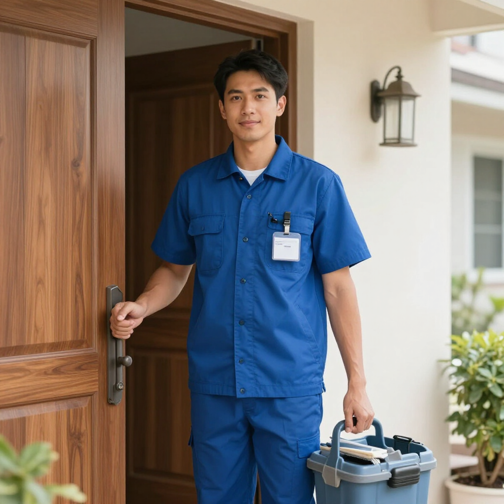 Technician in blue uniform holding a toolbox at a doorway