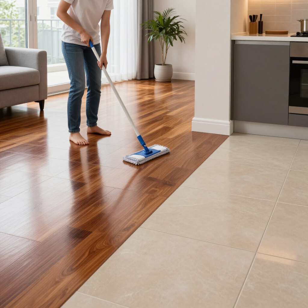 Person mopping a shiny wood floor beside beige tile in a modern kitchen-living space