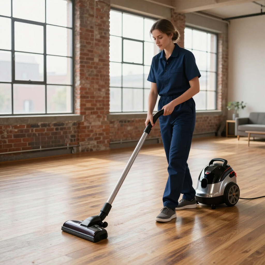 Person vacuuming a hardwood floor in a bright loft apartment with large windows