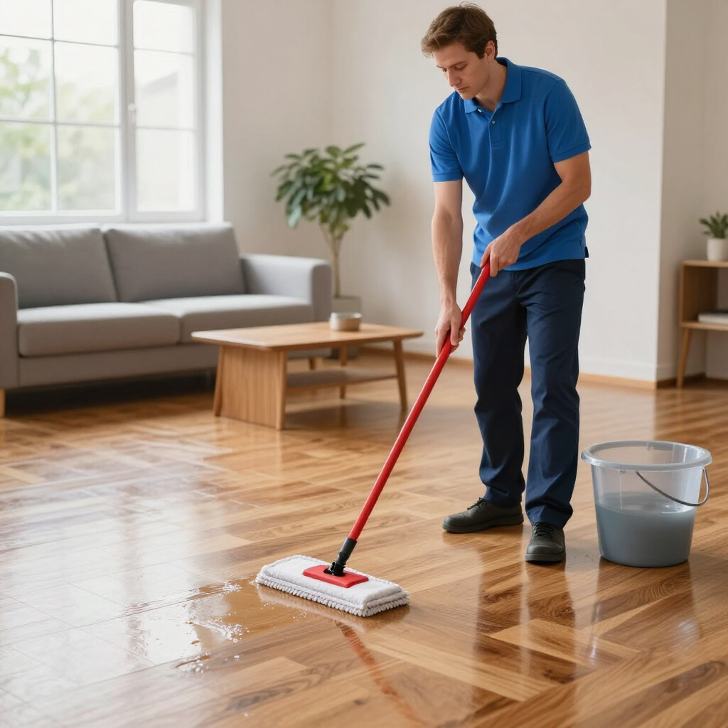 Person mopping a wet wooden floor in a living room with a red mop and gray bucket.