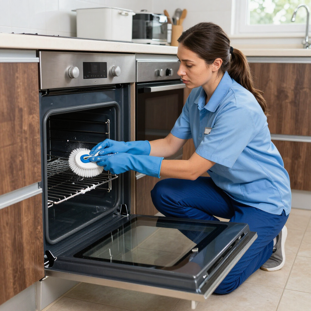 Person cleaning an oven with a blue glove in a modern kitchen.