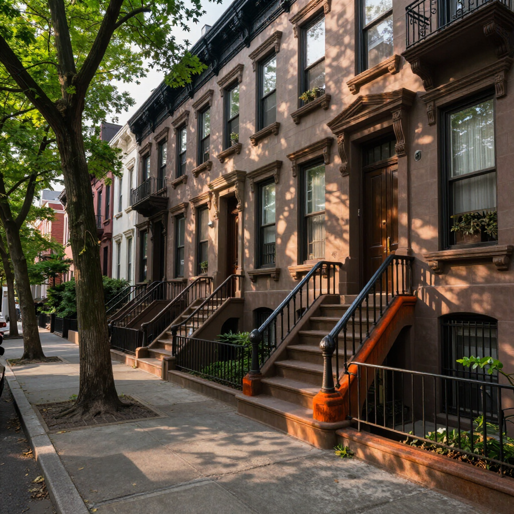Tree-lined city sidewalk beside brownstone row houses with stoops and warm sunlight shadows