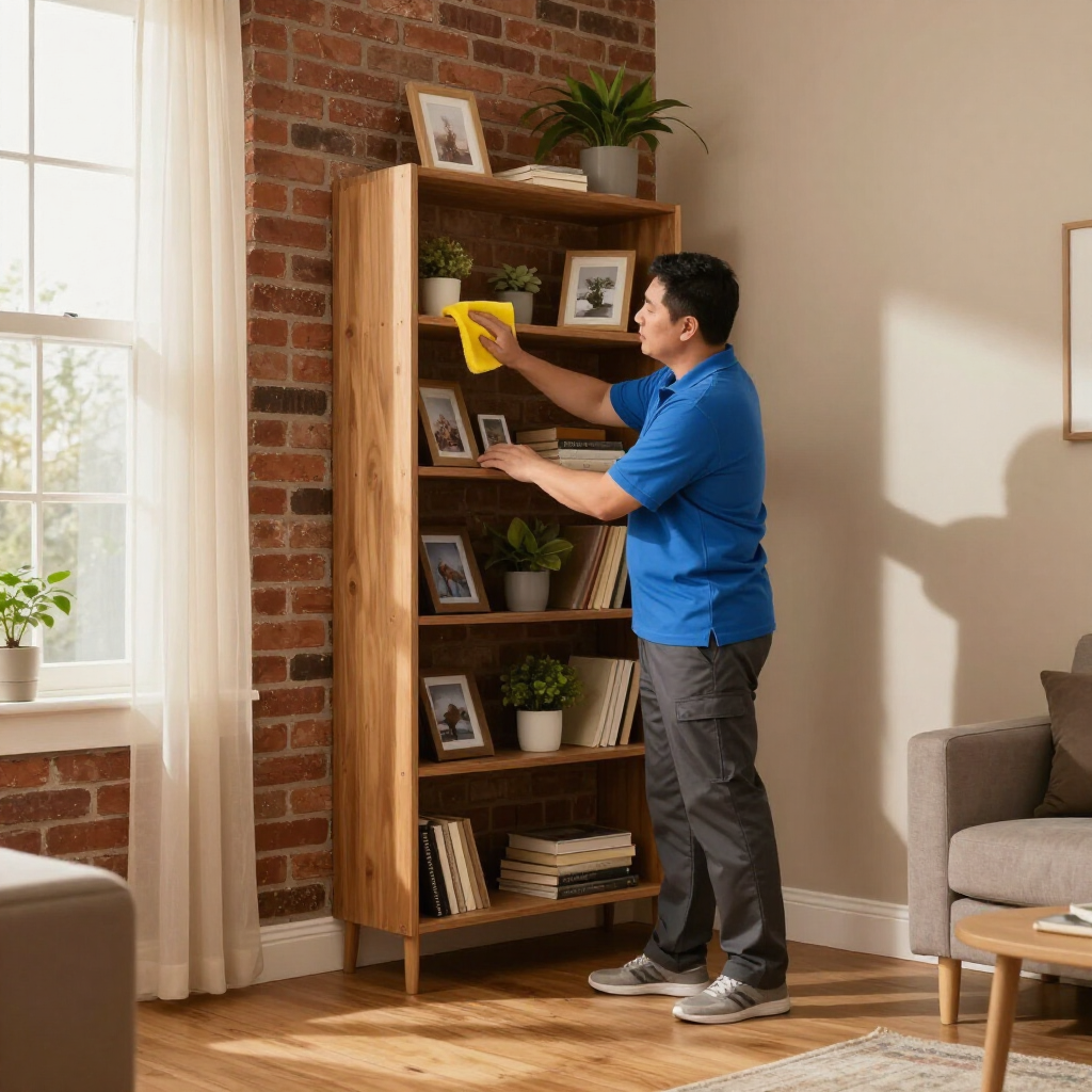 Man arranging framed photos and a yellow item on a wooden bookshelf in a sunlit living room