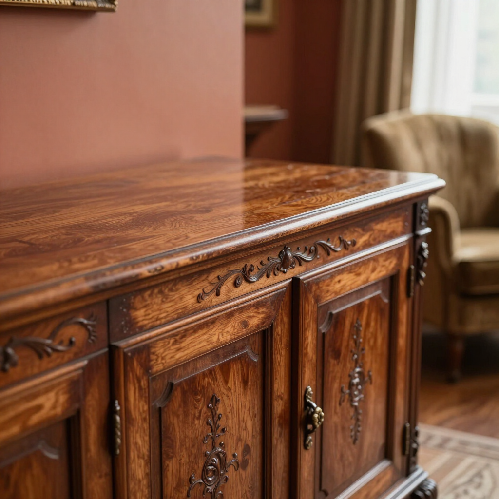 Ornate wooden cabinet with carved doors and a polished top in a warm-toned room