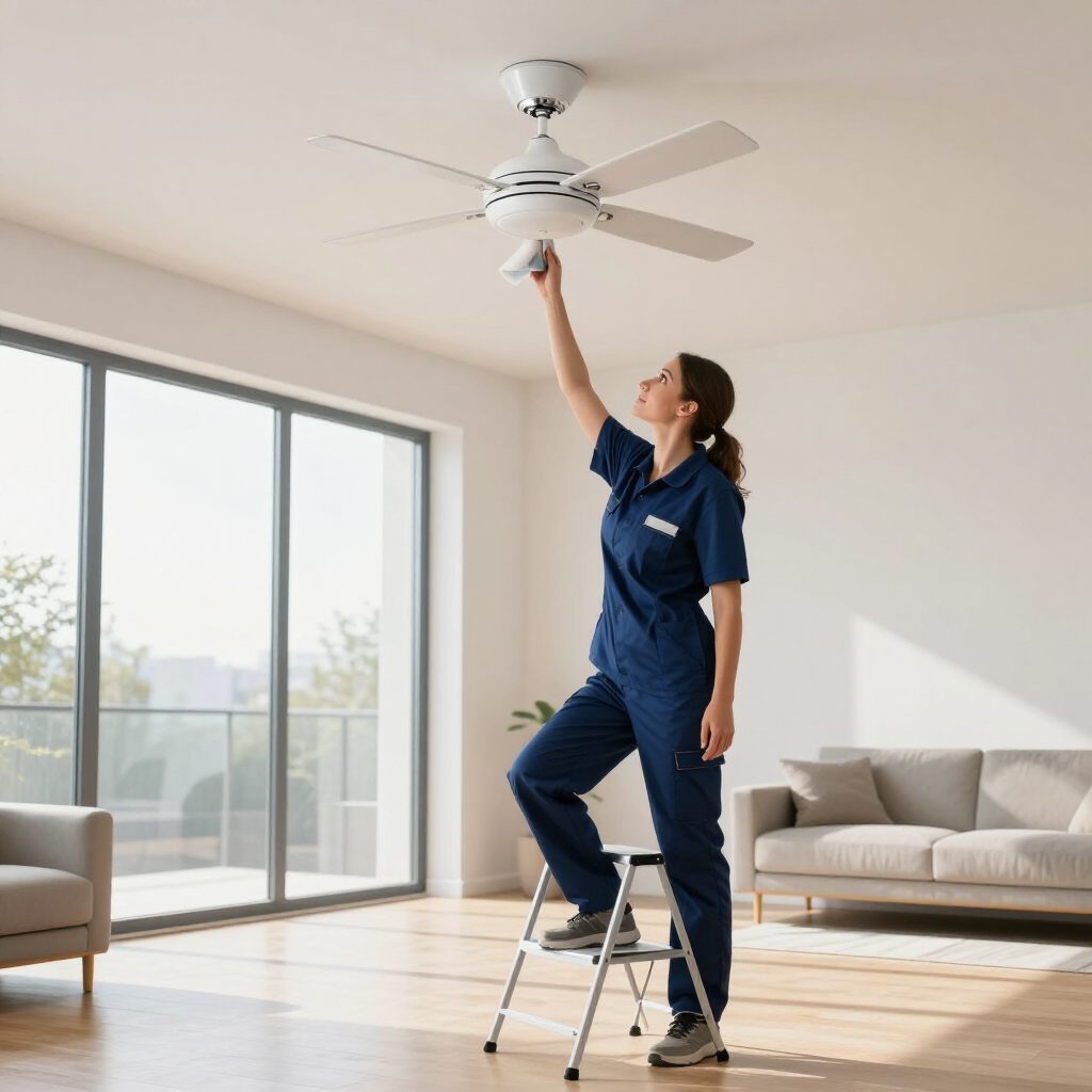Technician on a step ladder inspecting a ceiling fan in a bright living room