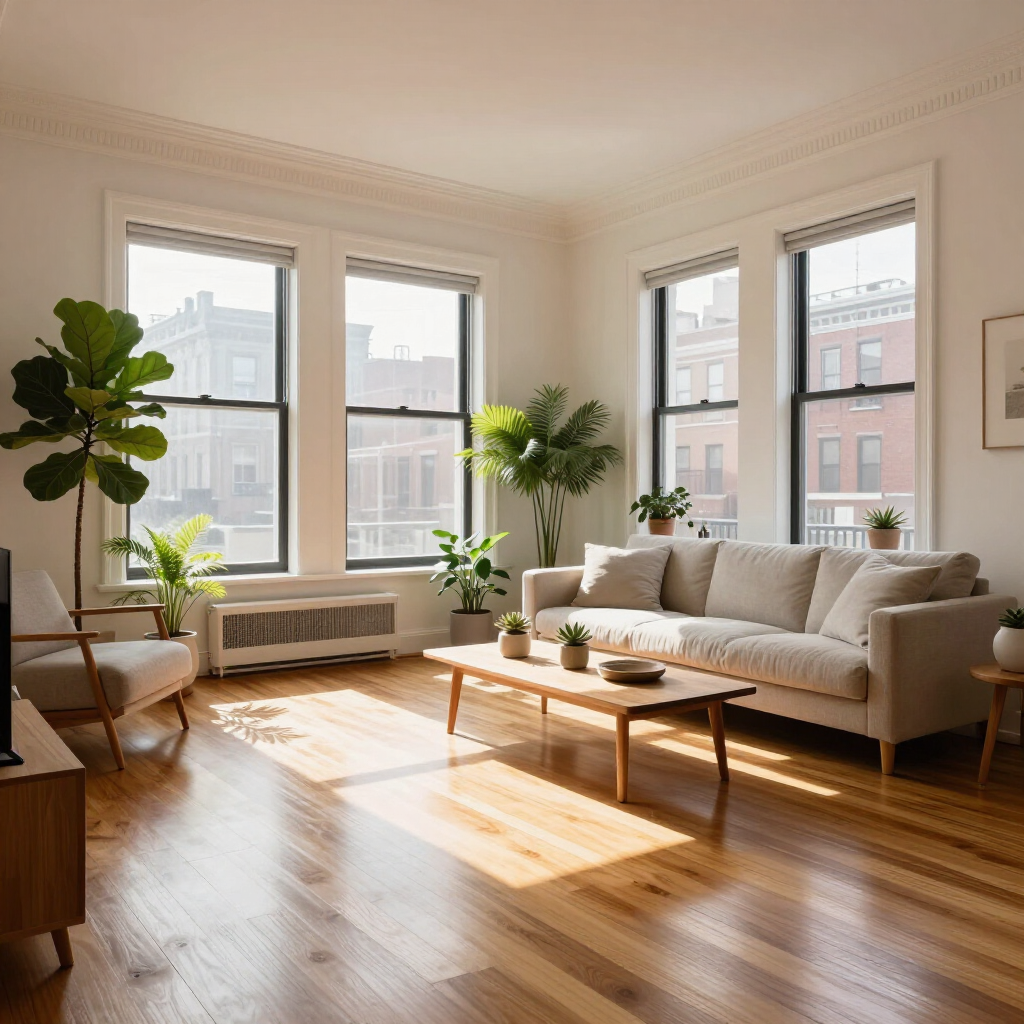 Sunlit modern living room with white sofa, wooden coffee table, large windows, and several potted plants
