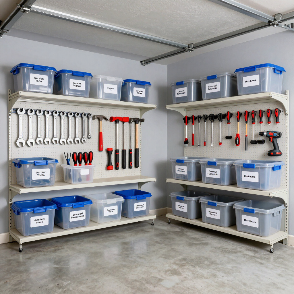Garage shelving with labeled storage bins and hand tools organized on wall-mounted racks