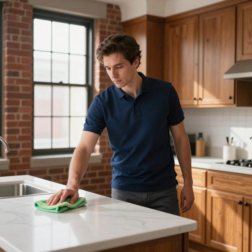 Man cleaning a kitchen countertop with a green cloth, standing by a window and wooden cabinets.