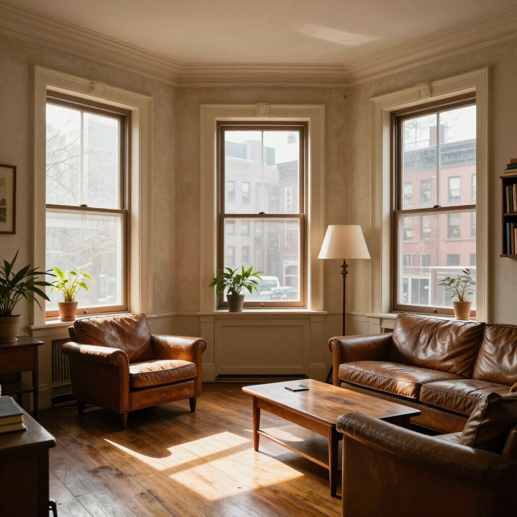 Sunlit living room with leather chairs, sofa, coffee table, and three bay windows.