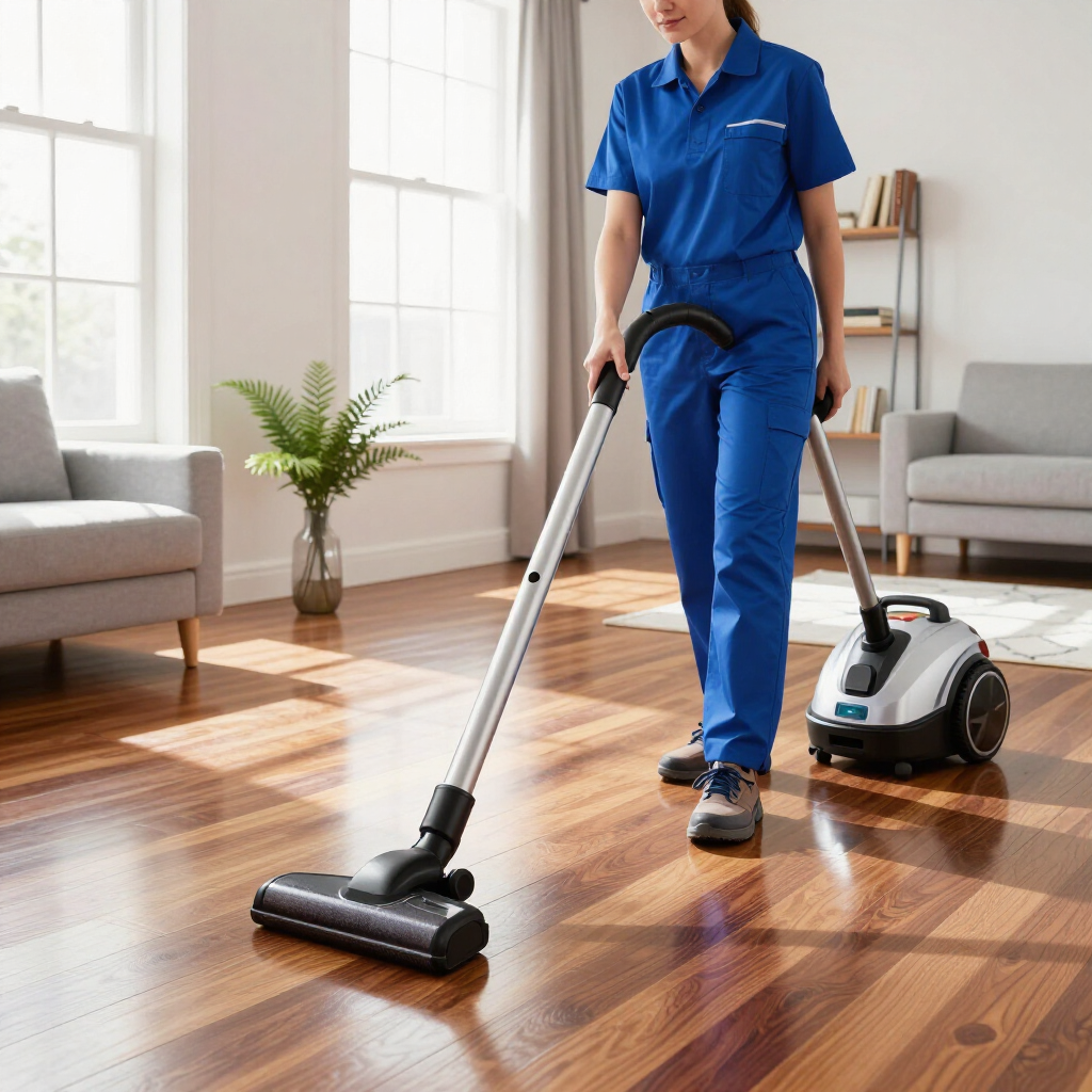 Person vacuuming a sunlit living room with a canister vacuum on hardwood floors
