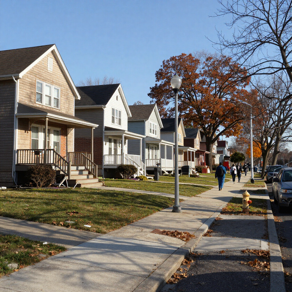 Quiet suburban street with houses, sidewalk, autumn trees, and a few pedestrians in the distance